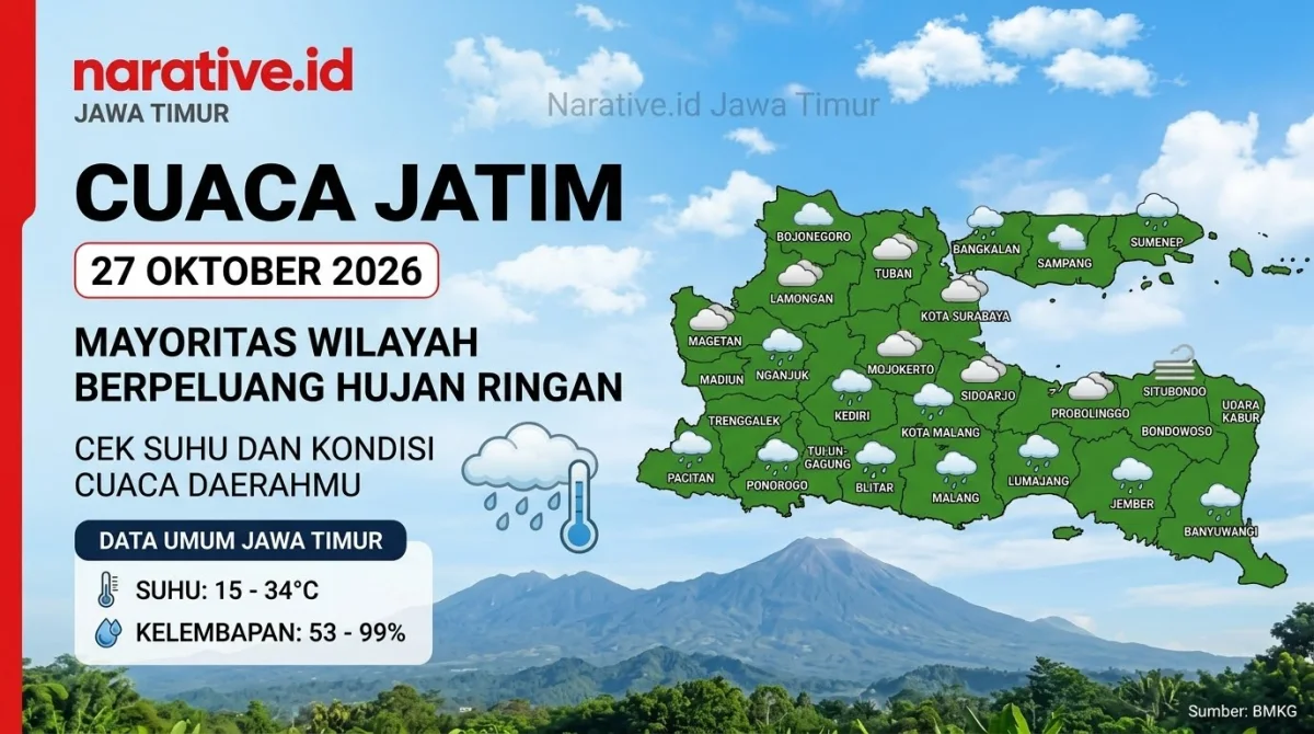 Prakiraan Cuaca Jawa Timur 27 Oktober: Hujan Ringan di Banyak Wilayah, Sejumlah Daerah Berawan
