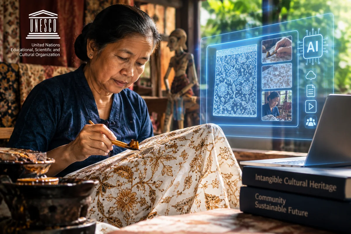 ilustrasi ibu-ibu menggambar batik dibantu visual dari ai