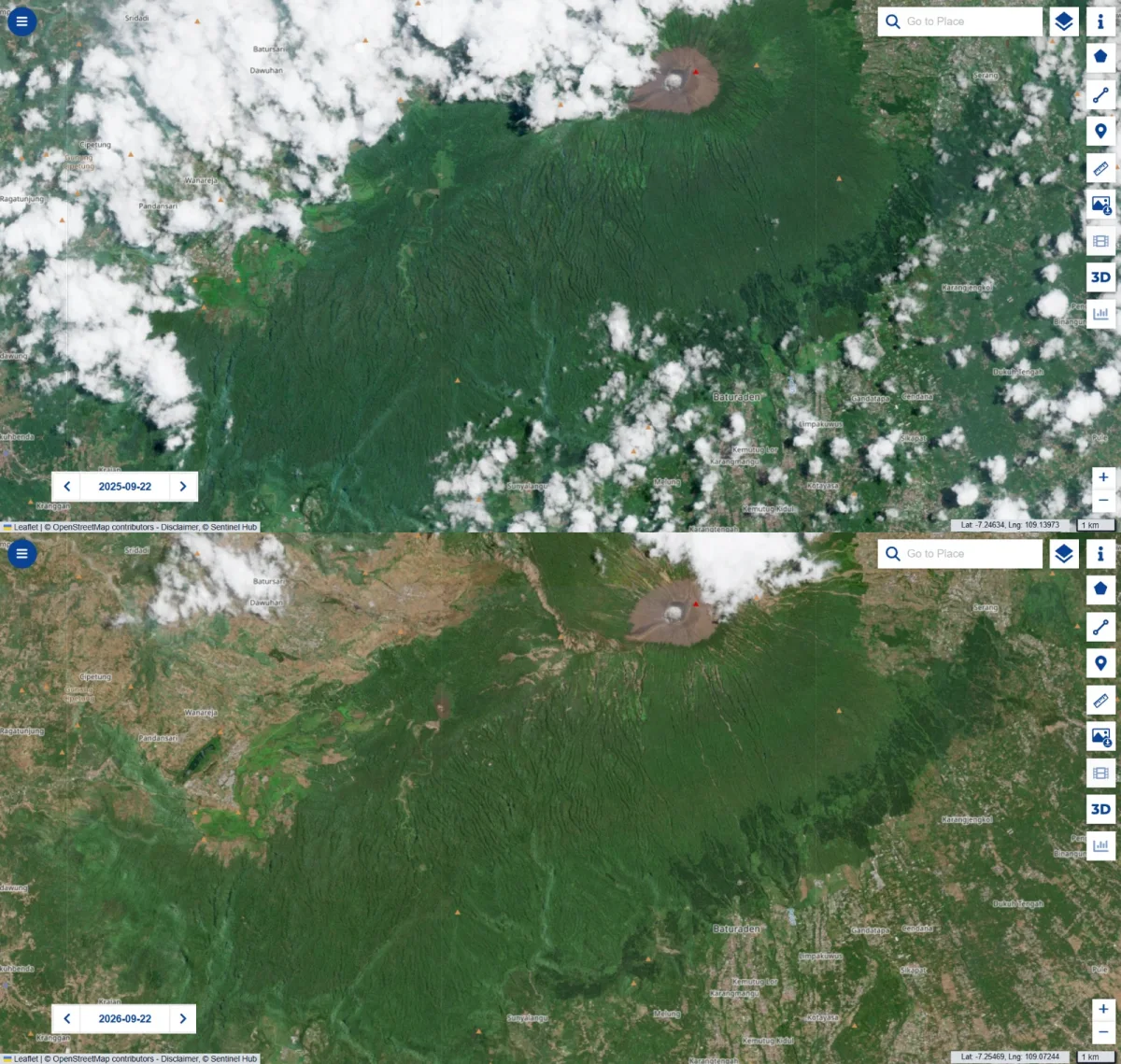 Perbandingan citra satelit Sentinel Hub pada 22 September 2025 (atas) dan 22 September 2026 (bawah) memperlihatkan perubahan visual di lereng selatan Gunung Slamet. Presidium Gunung Slamet mengaitkan sejumlah area kecokelatan dengan longsoran di kawasan hulu mata air dan sungai kecil. (Dok. Sentinel Hub)