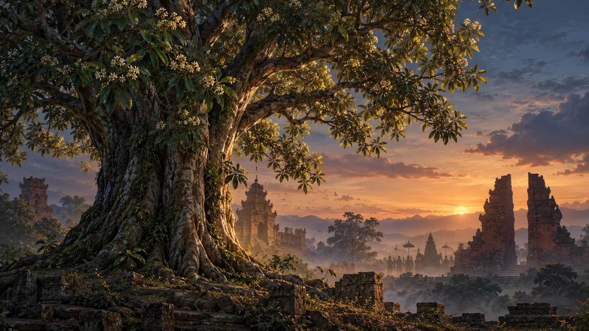 Ilustrasi pohon pule dengan latar suasana yang terinspirasi dari era Majapahit.